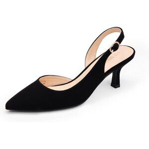 Women's Black-Nubuck Slingback Pointed Toe Low Pumps Casual Stylish Kitten Heel